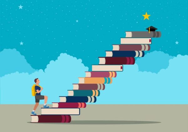ragazzo-sale-scale-libri-per-arrivare-obbettivo-scolastico-alle-stelle